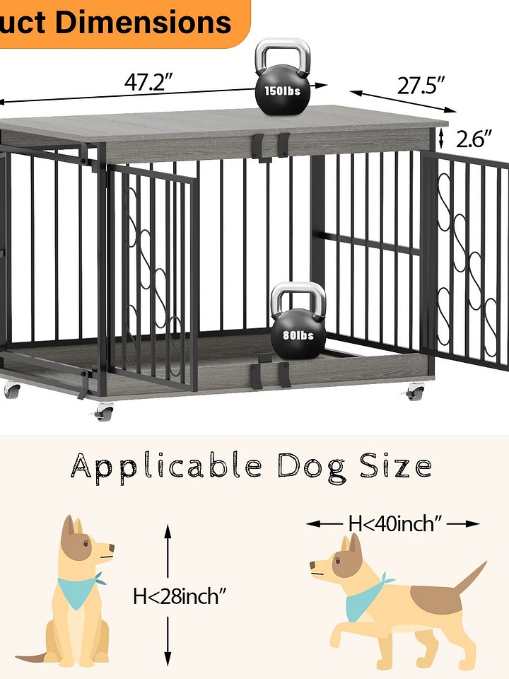 48 Inch Dog Cage Furniture for Extra Large Dog, Double-Doors Heavy Duty Dog Crate with 360° Caster Wheels, Dog Kennel Indoor Decorative Pet House Dog Cage Table, Gray product image (2)