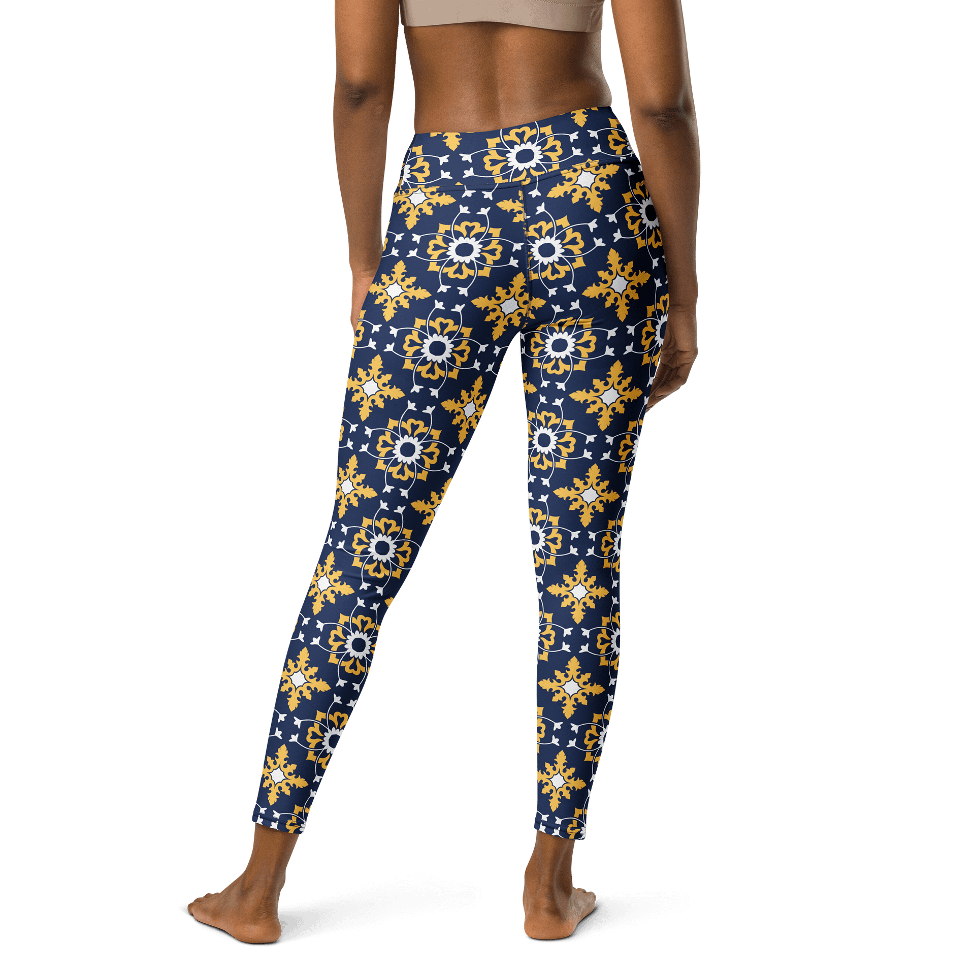 Bold Blue and Yellow Ornament Pattern High-Waist Leggings product image (2)