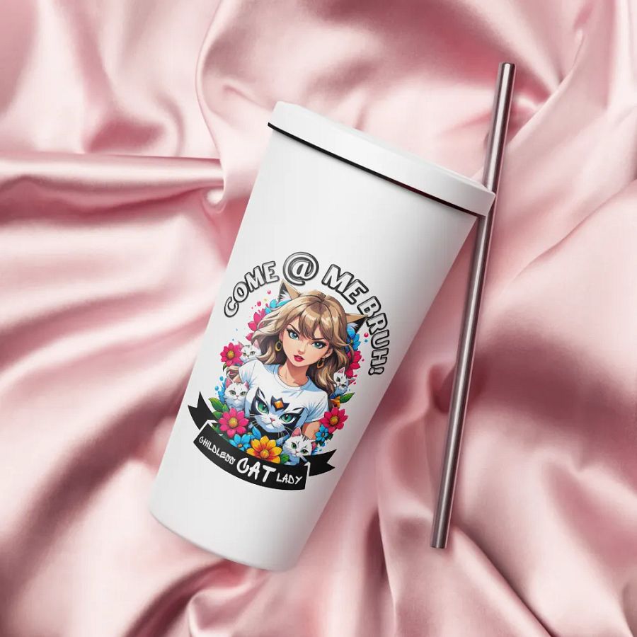 Childless Cat Lady 20 oz Tumbler Cup - White - Insulated Tumbler with a Straw product image (4)