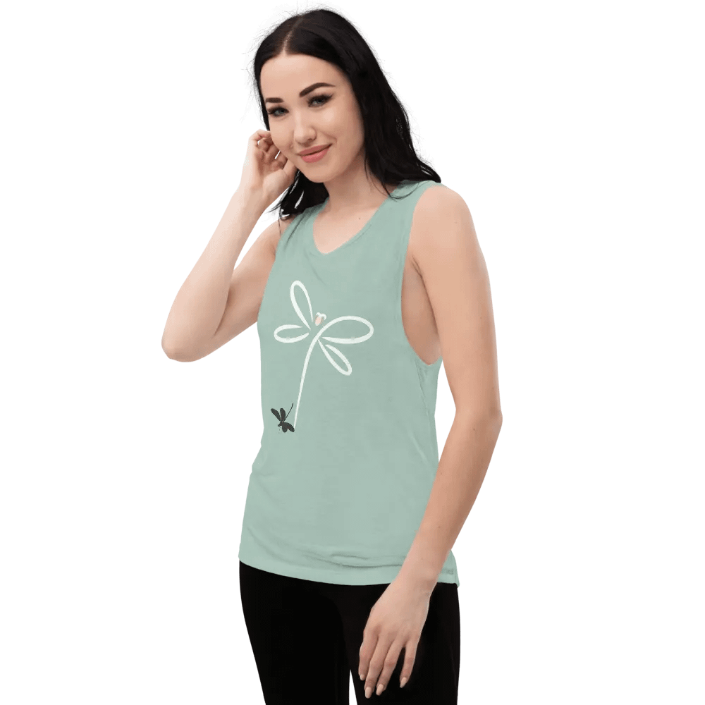 Womens flowy muscle tank top with stylish dragonfly design. Minimilist style product image (9)