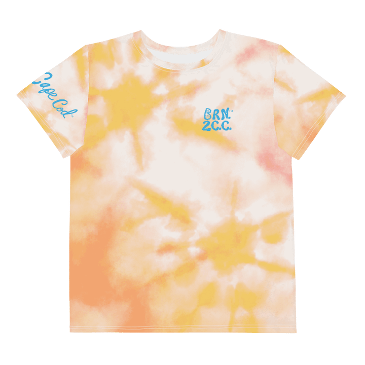 🦩YOUTH | Girls’ | BOURNE to Cape Cod™ | Logo Tee – All-Over Print | BRN.2C.C.™ | Coastal Cutie Vibes💖 | Blue Logo on Orange Tie-Dye product image (1)