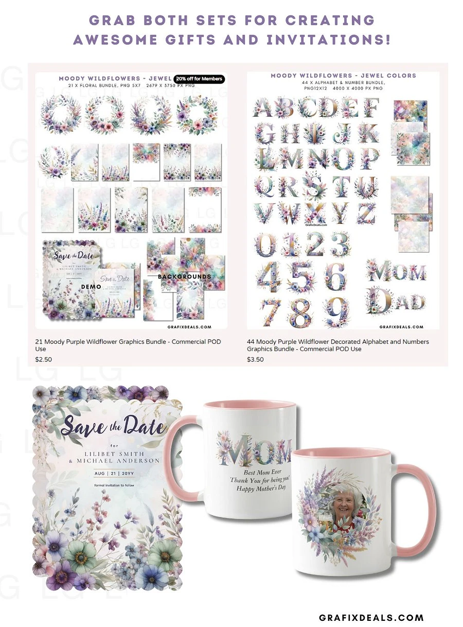 44 Moody Purple Wildflower Decorated Alphabet and Numbers Graphics Bundle - Commercial POD Use product image (2)