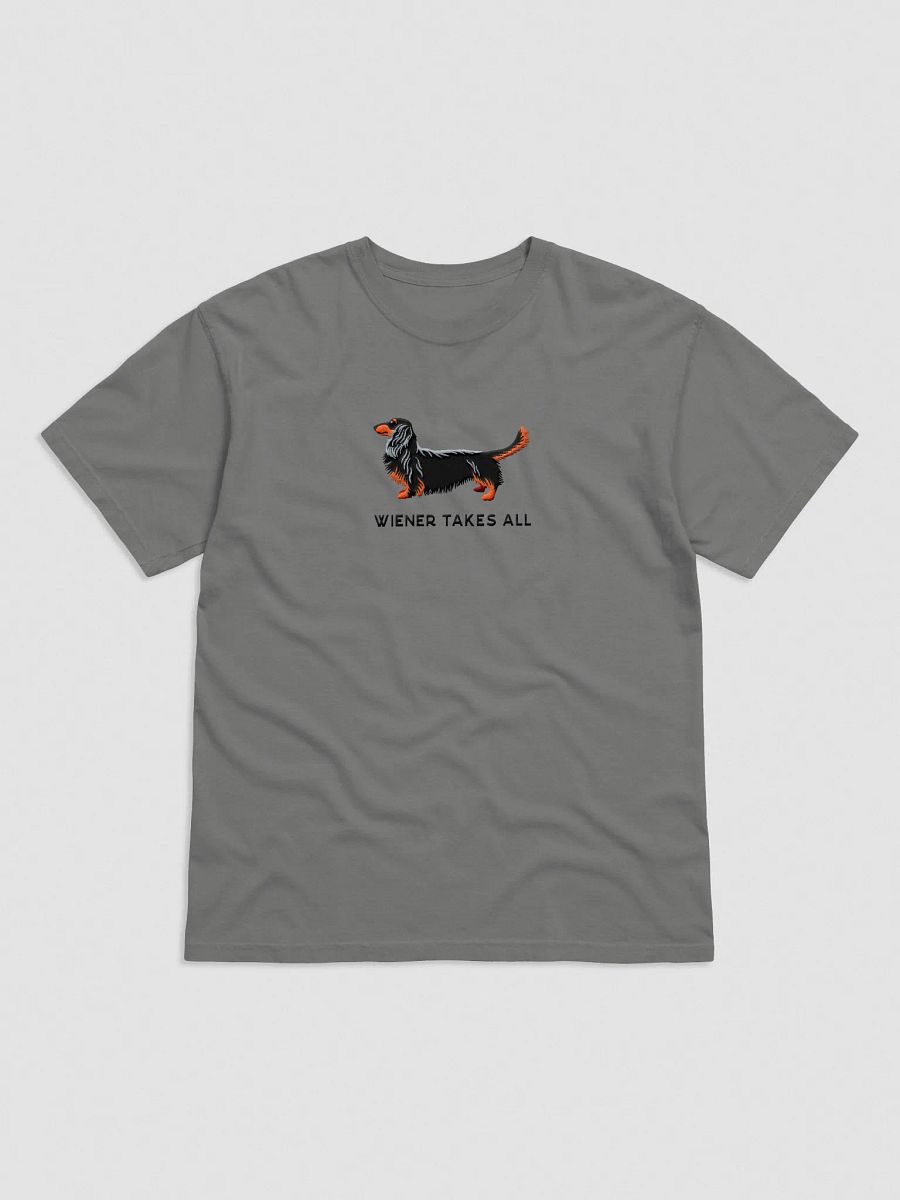 Wiener Takes All T-Shirt(Embroidered) of a Longhaired Dachshund(Black & Tan) product image (1)