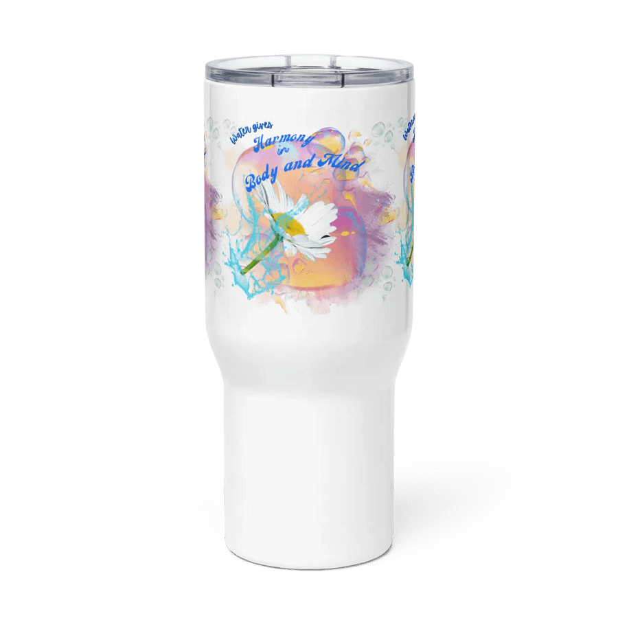 Travel mug with handle with beautiful swirly blue water drops  featuring This water gives Harmony in Body and Mind'. product image (2)
