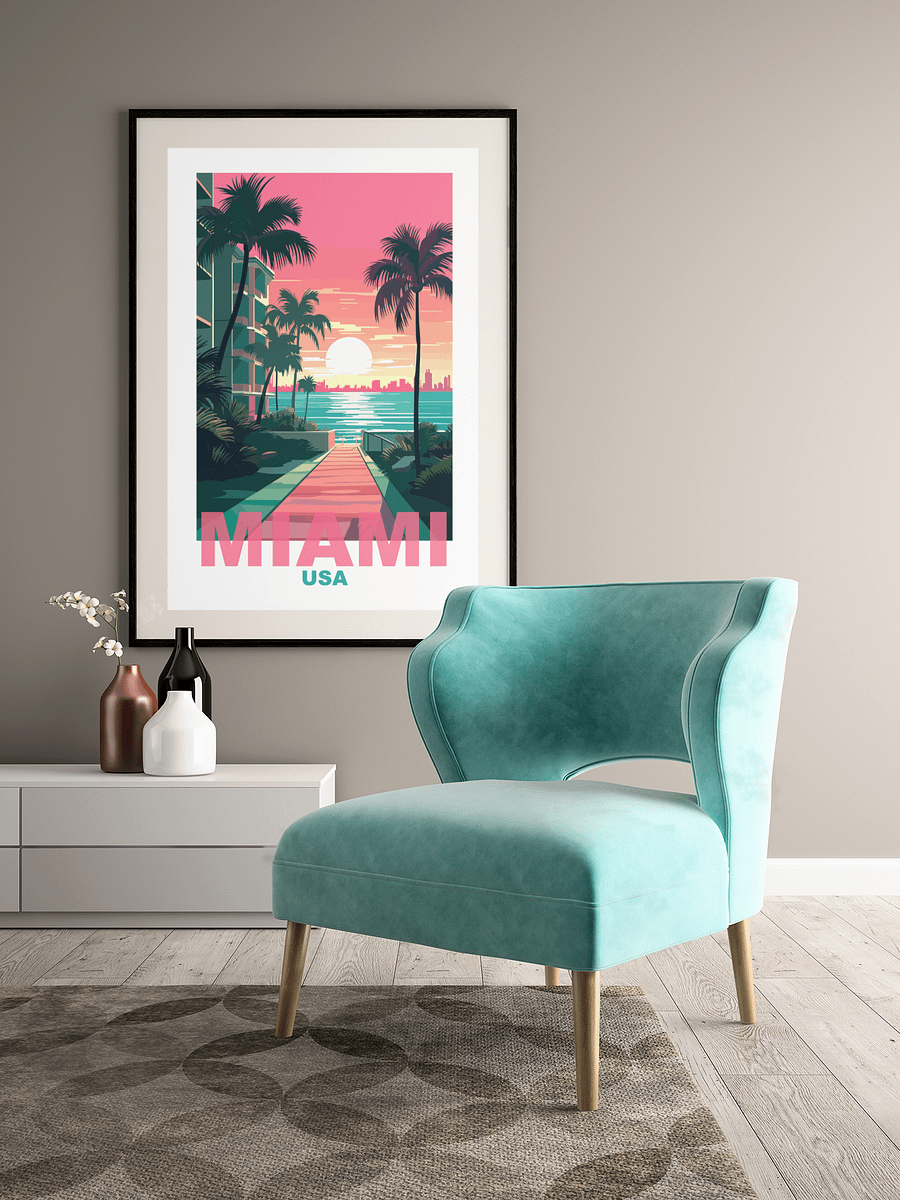 Tropical Sunset in Miami Art Print, Vibrant Beachside Palm Trees Poster, Retro Styled Miami USA Skyline, Coastal Wall Decor, Gift Idea product image (4)