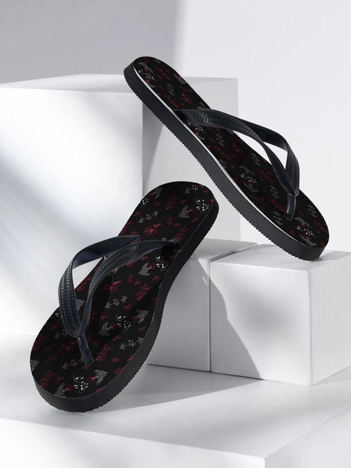 Magenta and White Flowers on Black Women's Flip-Flops product image (2)