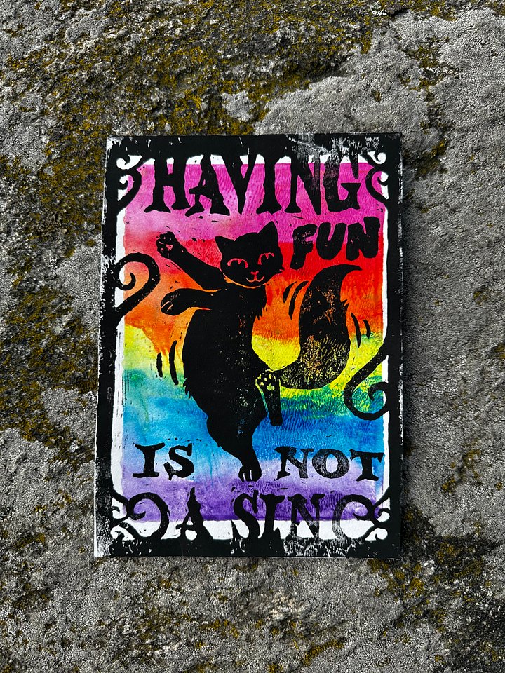 HAVING FUN IS NOT A SIN dancing cat original lino print (15) product image (1)