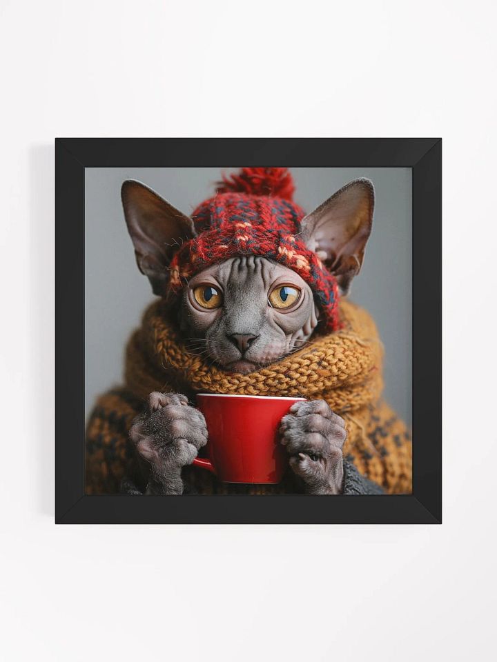 Coffee Lover Grey Hairless Sphynx Cat Framed Wall Art product image (1)