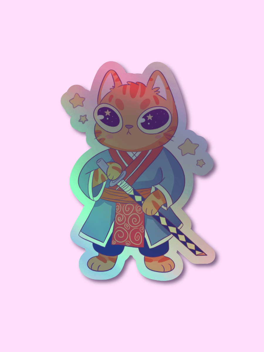 Whimsical Samurai Cat Holographic Sticker product image (1)