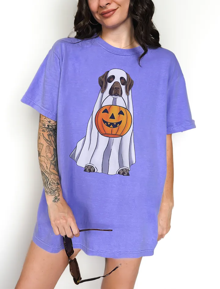 German Shorthaired Pointer (2) Halloween Tee | Funny Halloween GSP Wearing a Ghost Costume with Pumpkin Basket product image (21)
