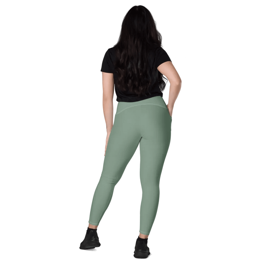 Plain Medium Sage Green Soft Summer Women's High Waisted Premium Crossover Leggings with Pockets by Treasure Pie product image (8)