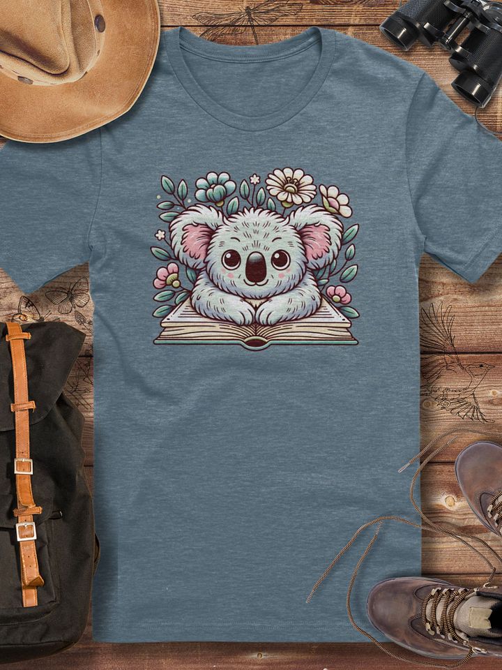 Cute Koala Reading T-Shirt, Book Lover Animal Tee, Nature-Inspired Graphic Tee, Adorable Bookworm Gift, Cozy Koala Floral T-shirt product image (1)