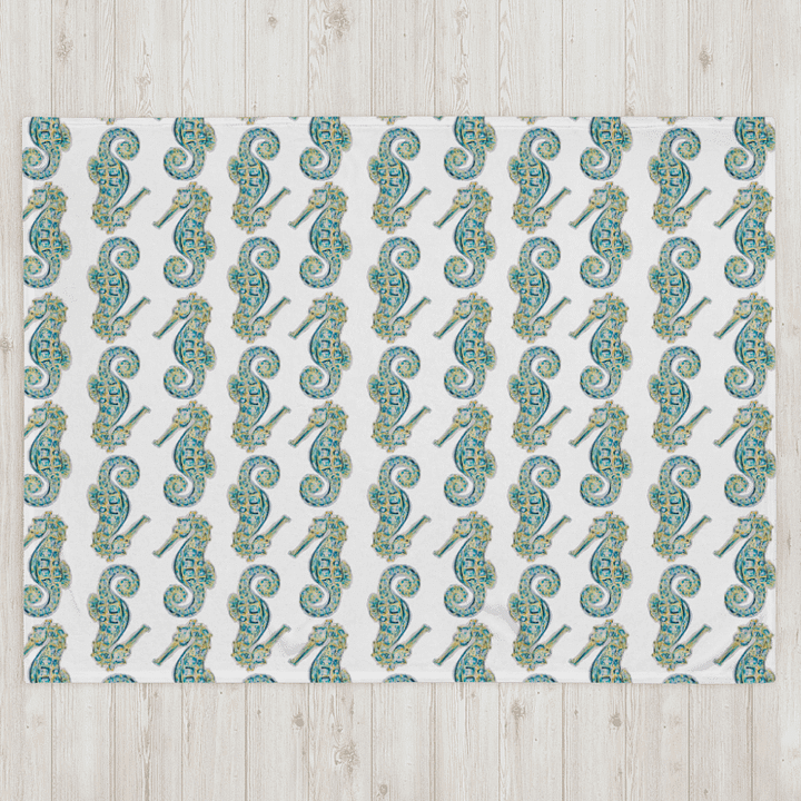Painted Seahorses on White | Cozy Coastal Throw Blanket | by Monique Faella Designs™ product image (2)