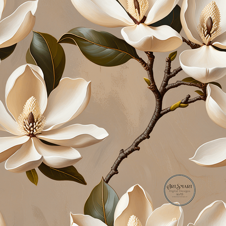 Seamless Pattern - Magnolia Pattern 3 on Beige Background product image (1)