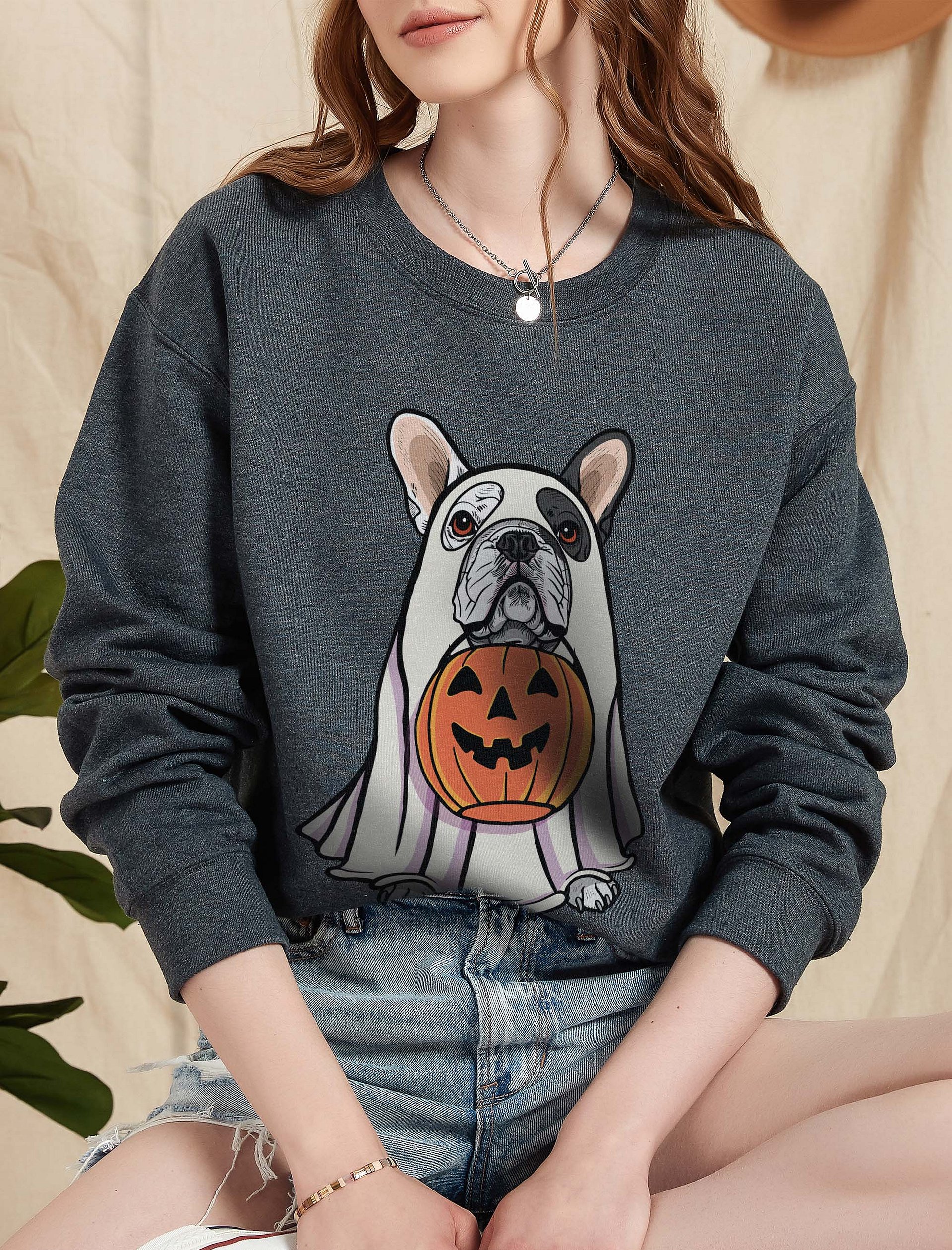 Funny Halloween French Bulldog(Pied) Sweatshirt | Funny Frenchie Wearing a Ghost Costume and Holding a Pumpkin Basket product image (2)
