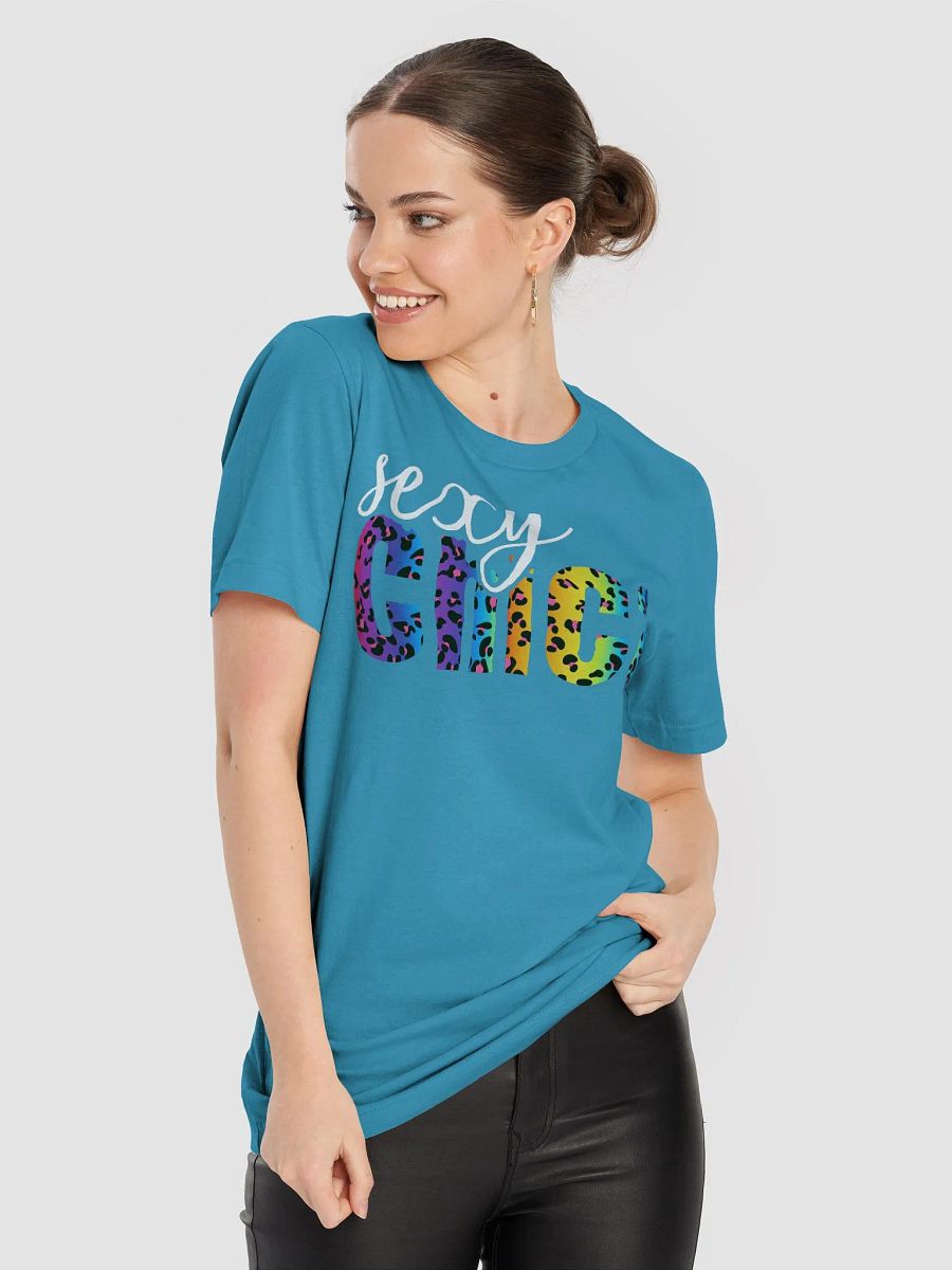Sexy Chica T-Shirt; White with Bright Rainbow Leopard Pattern product image (45)