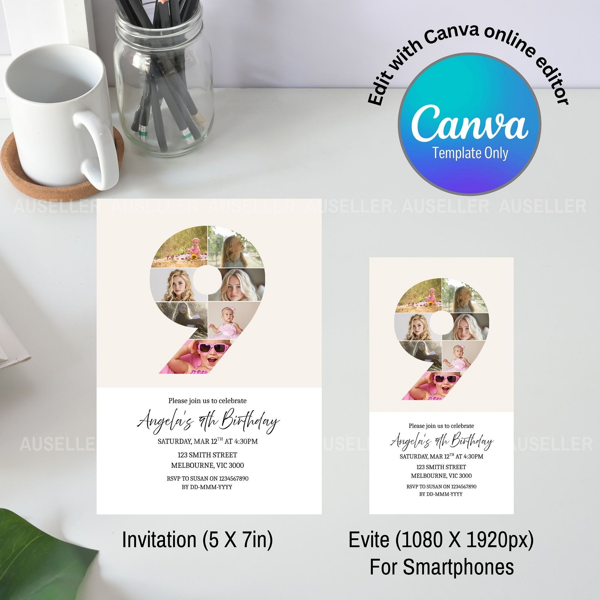 9th Birthday Photo Collage Editable Invitation Template product image (4)
