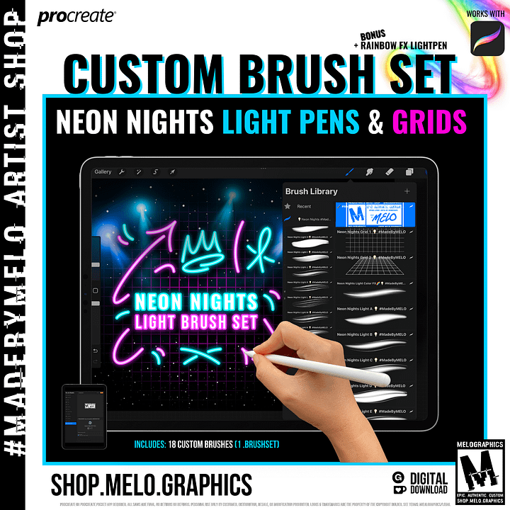 Neon Nights Procreate Light Pens & Grids Brush Set Bundle | #MadeByMELO product image (1)