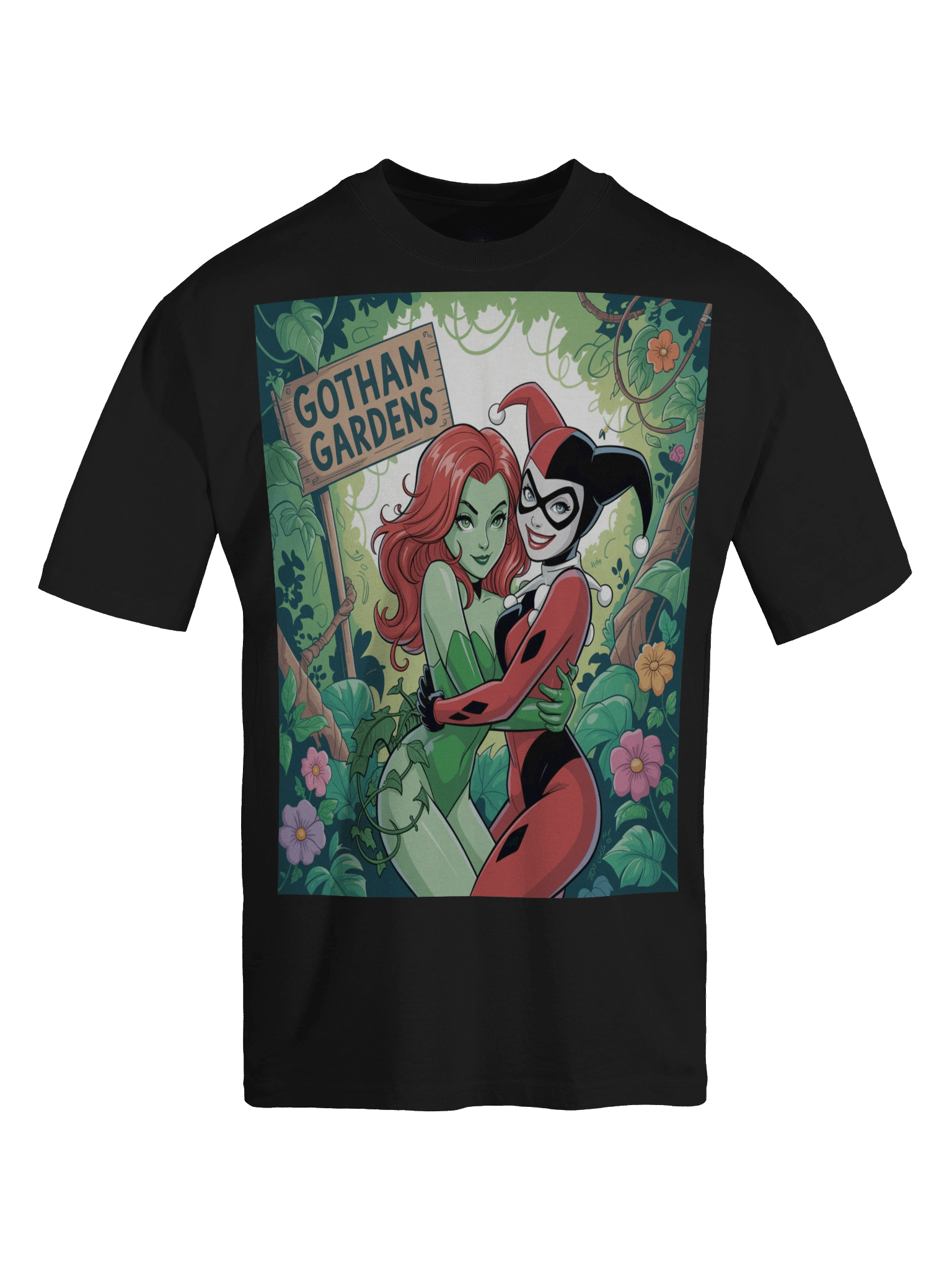 Gotham Gardens Embrace: Poison Ivy & Harley Quinn Verdant Vortex Oversized Faded Unisex T-Shirt product image (1)