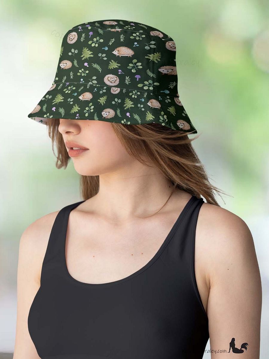 Hedgehogs Reversible Bucket Hat with Hedgehogs on White and Dark Green product image (7)