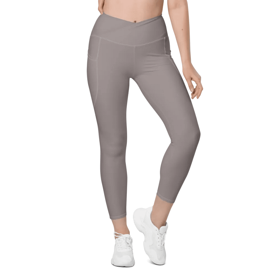 Plain Brownish Gray Light Summer Women's High Waisted Premium Crossover Leggings with Pockets by Treasure Pie product image (2)