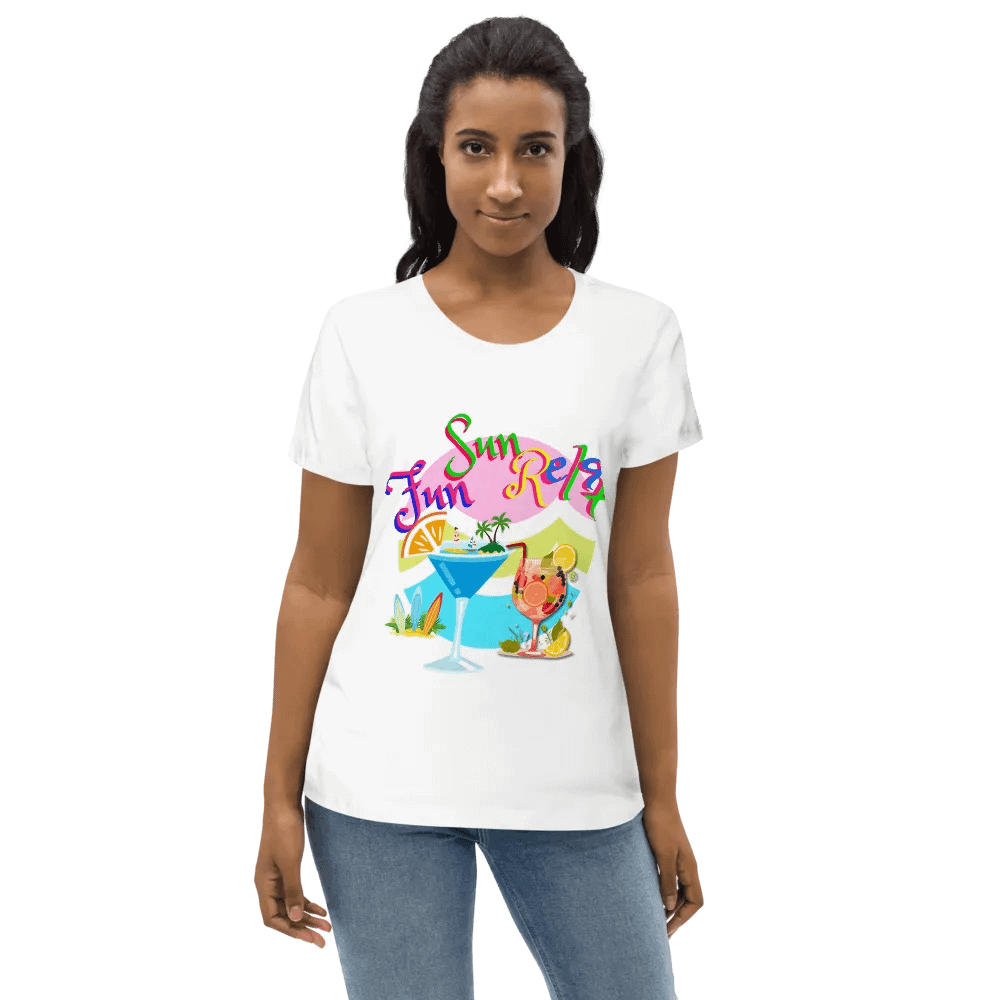 Ladies fitted t shirt 100%organic cotton with “Fun Sun Relax’ . Ideal for the holiday vibe fun party goer product image (11)