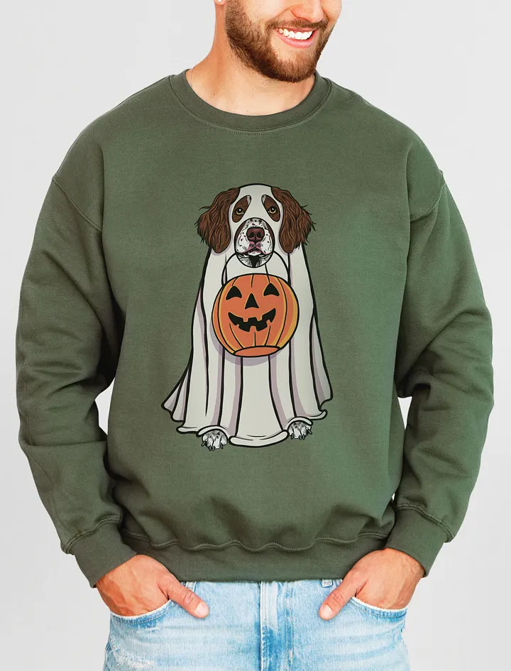 Funny Halloween Brittany Spaniel(Liver) Sweatshirt | Funny Brittany Spaniel Wearing a Ghost Costume and Holding a Pumpkin Basket product image (15)