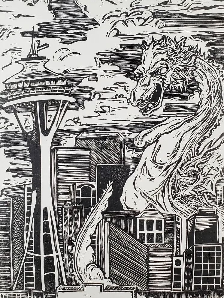 Kaiju Dragon in Seattle Linocut Print product image (3)