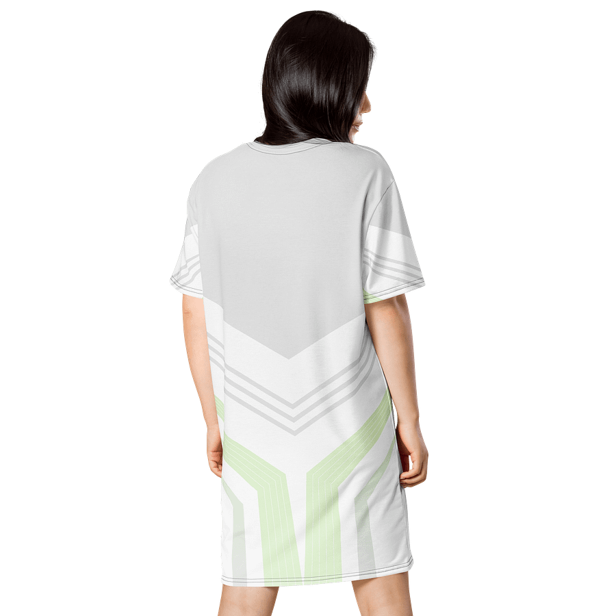 Trendy Geometric Pattern T-Shirt Dress - Light Gray with Green & White Accents - Oversized Fit product image (2)
