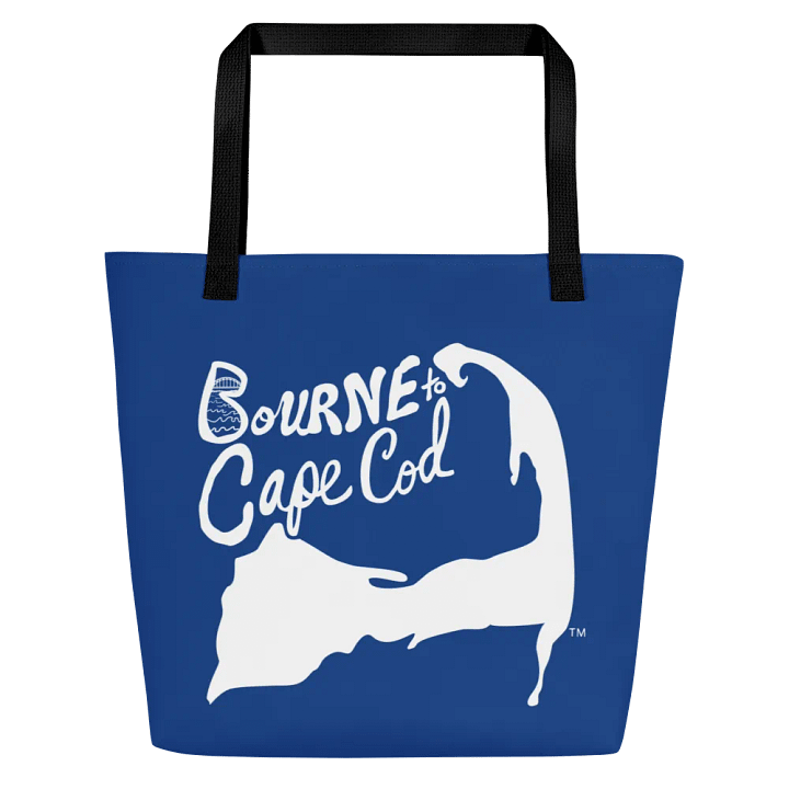 BOURNE to Cape Cod™ | Large Tote Bag with Pocket | Coastal Classic | All-Over Logo Print | White Logo on Vista Cerulean Blue product image (1)