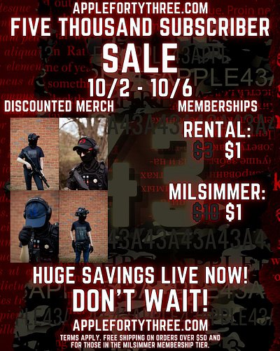 THANK YOU ALL FOR FIVE THOUSAND SUBSCRIBERS!

In celebration, applefortythree.com is hosting a STORE WIDE SALE from now until...