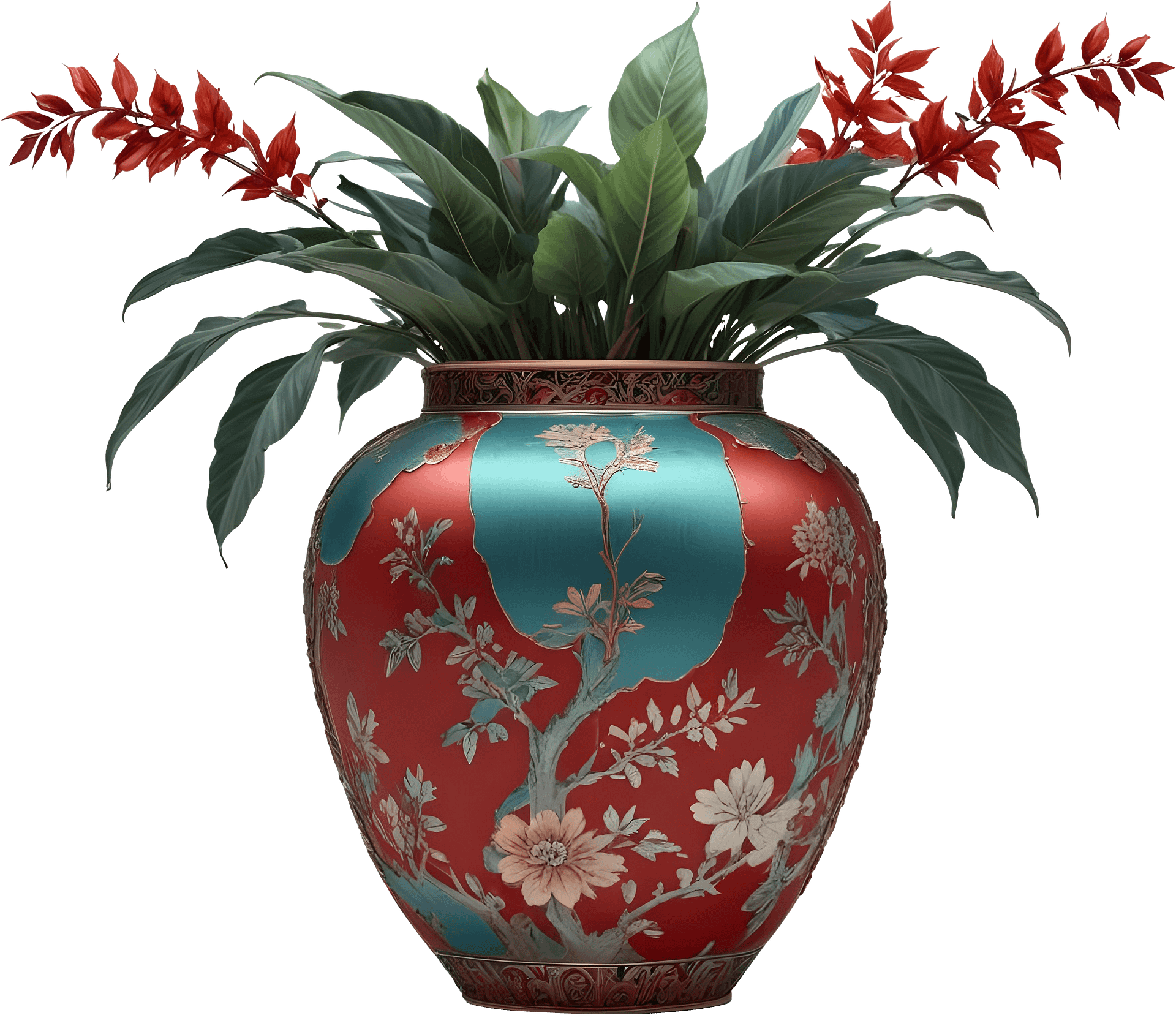 Chinese Porcelain Vase – Luxurious Red and Turquoise Floral Design PNG product image (1)