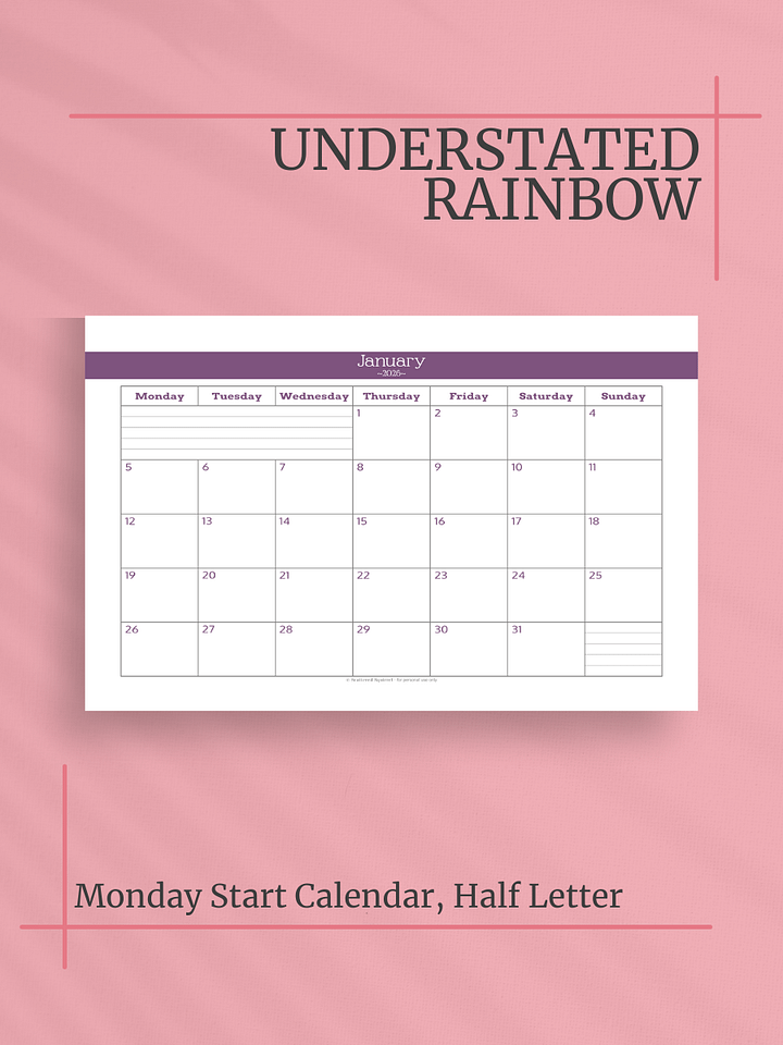 Understated Rainbow 2026 Calendar - Single Page per Month, Monday Start, Half Letter Size product image (1)