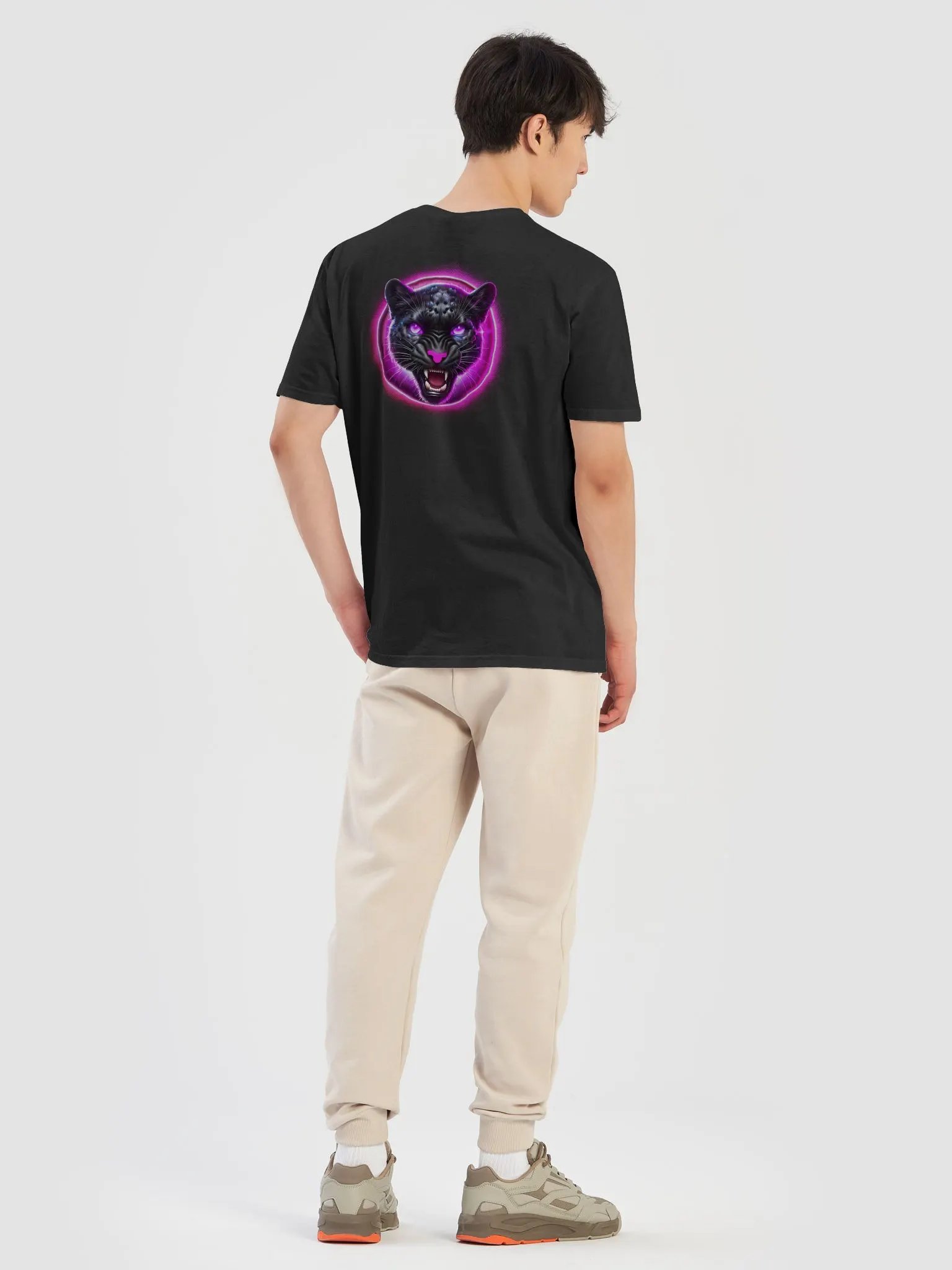 Pink Glow Magenta Black jaguar Badge Design (Unisex Black T-Shirt) product image (8)
