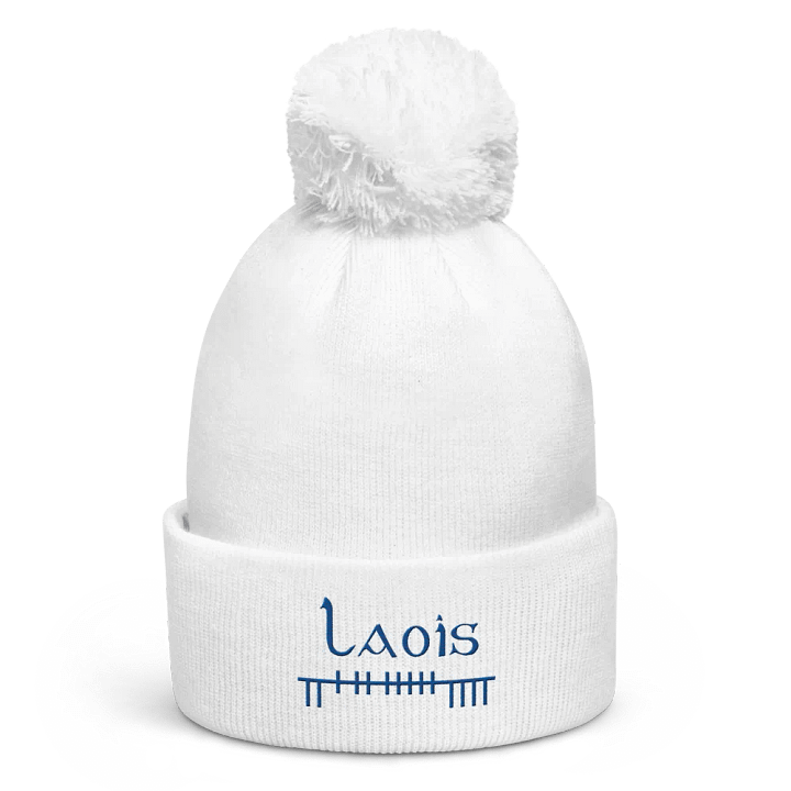 Laois Orthodox style Ogham, white with blue, embroidered Pom-Pom Beanie product image (1)
