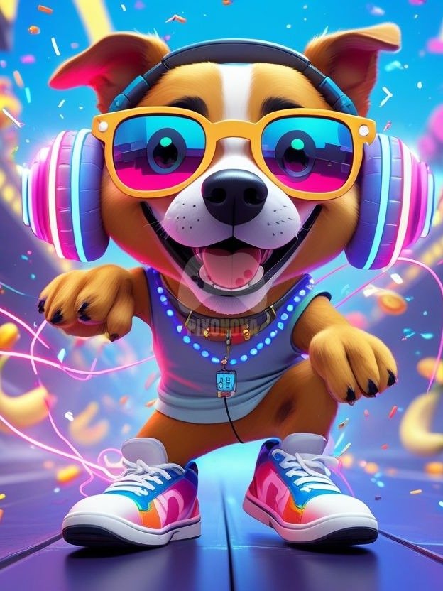 Pixel Party Parade – Track 1: Banana Beat Bounce (Dog Mascot Edition) | 1472x832 px | 4 Variations | PNG + PDF product image (1)