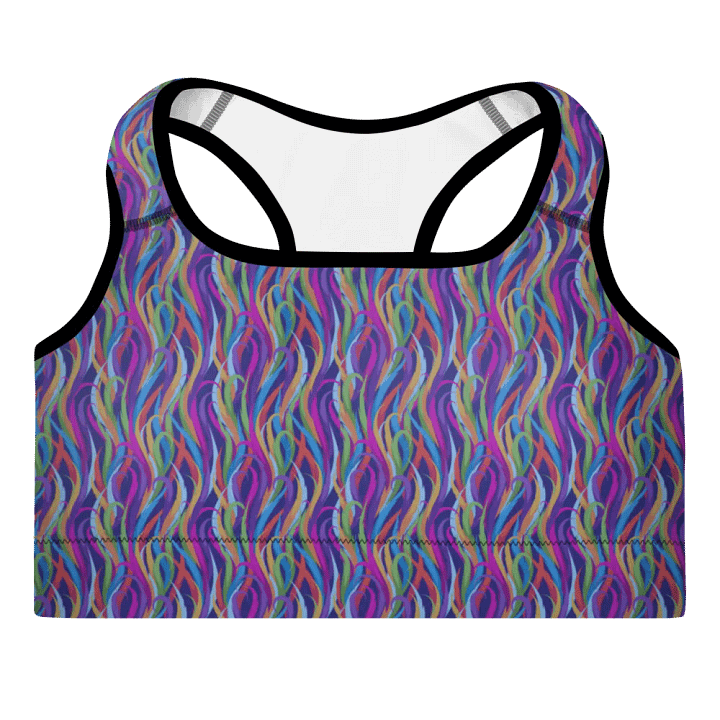 Padded sports bra inmodern design magenta and turquise on black design product image (2)