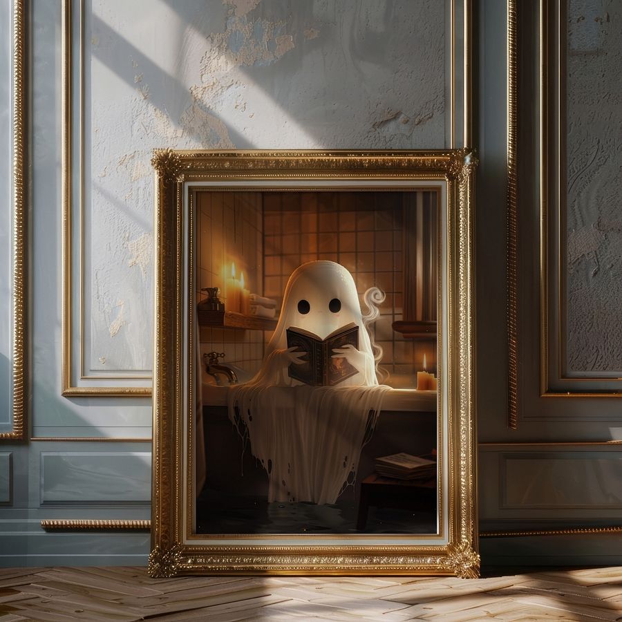 Cute Ghost Reading a Book in The Bathroom Halloween Art Print product image (19)