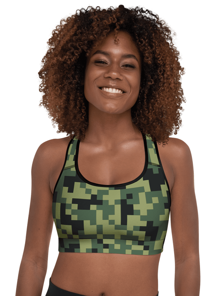 Military Green Camouflage Pixels Camo Pattern Padded Sports Bra product image (1)