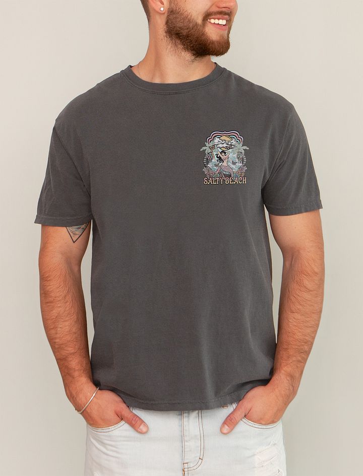 Salty Beach, Mermaid by the Beach Tee (Back Print) | Retro-Style Art Nouveau T-Shirt for Travel and Road Trips product image (20)
