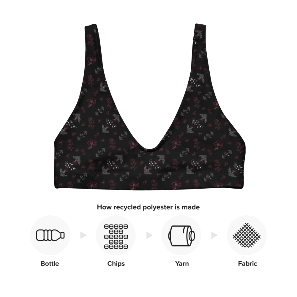 Magenta and White Flowers on Black Eco-Green Padded Bikini Top product image (8)
