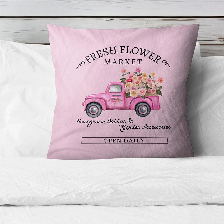 HAPPY DAHLIA VINTAGE TRUCK PINK PILLOW - Laster mit Blumen product image (1)