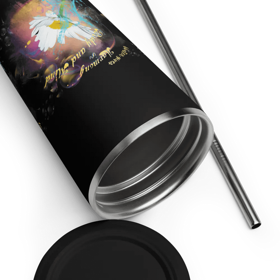 Insulated Tumbler with straw with beautiful swirly  water drop splash and drops design, featuring ‘This water gives Harmony in Body and Mind