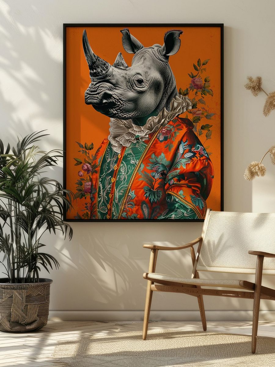 Rococo Rhino Portrait Burnt Orange Animal Fashion Art Print product image (3)