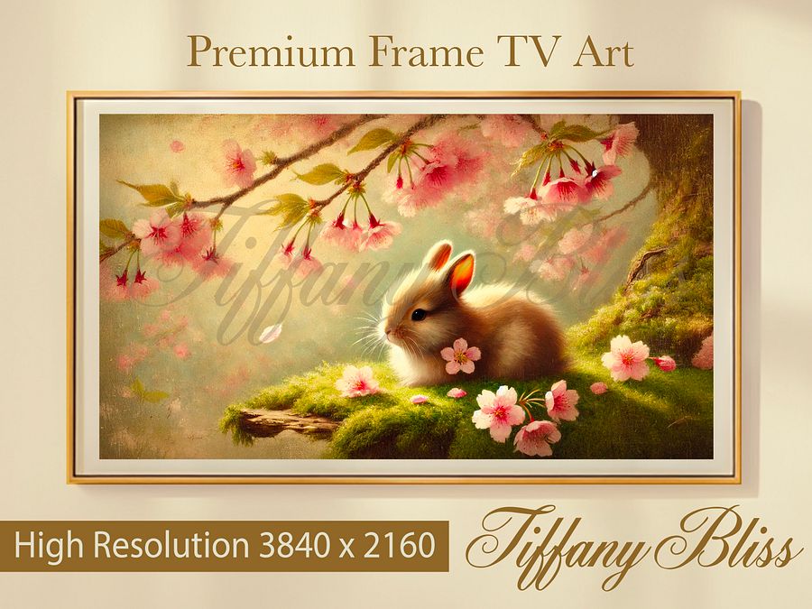 Spring Samsung Frame TV Art, Cherry Blossom Bunny Painting, Easter, Digital Download product image (1)