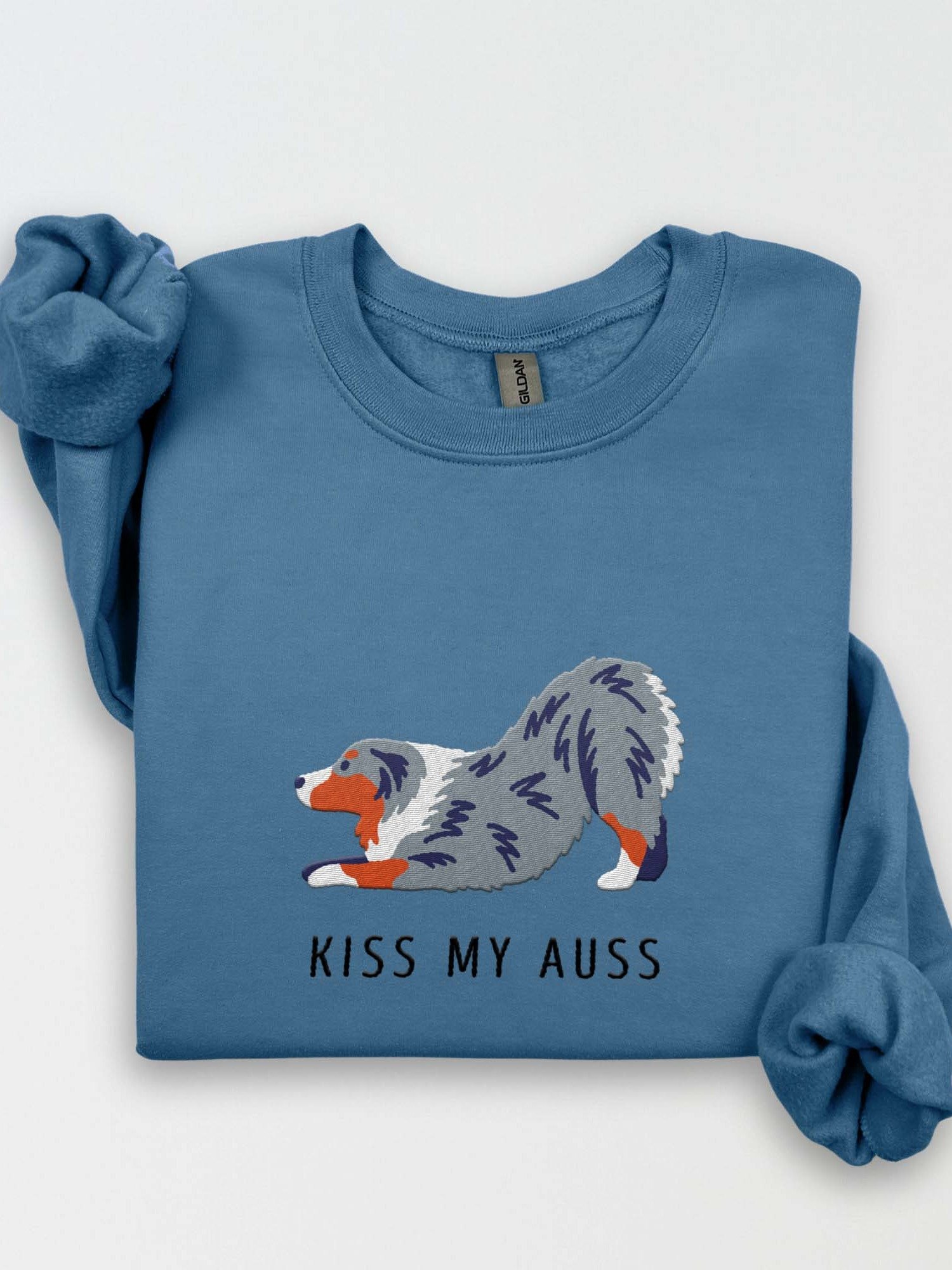 Kiss My Auss(2) Sweatshirt (Embroidered) of an Australian Shepherd(Blue Merle) product image (1)