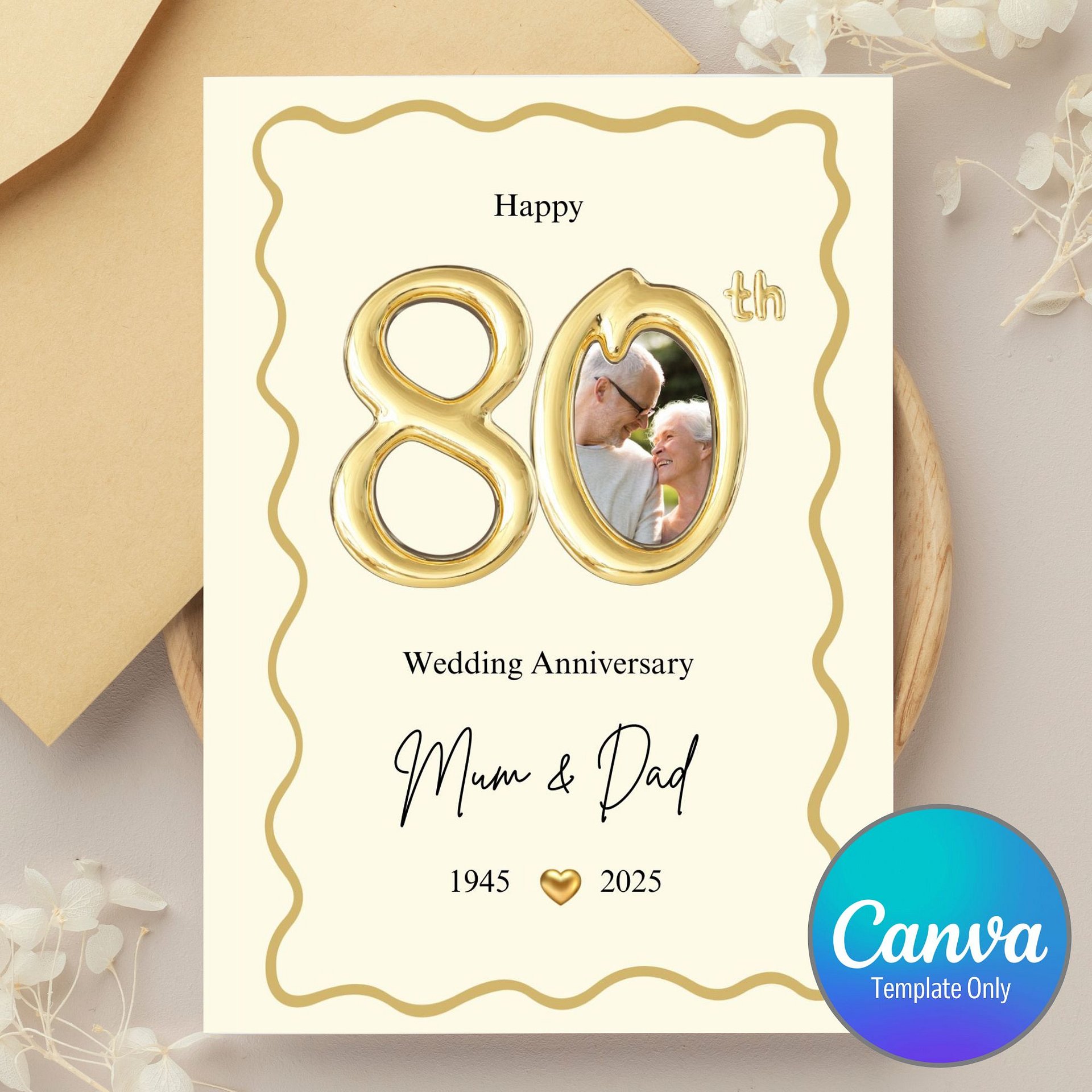 Gold Balloon-style 80th Year Wedding Anniversary Photo Card Template product image (1)