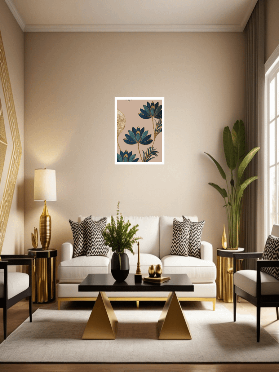 Lotus Serenity – Framed Floral Wall Art in Deep Blue and Gold product image (5)