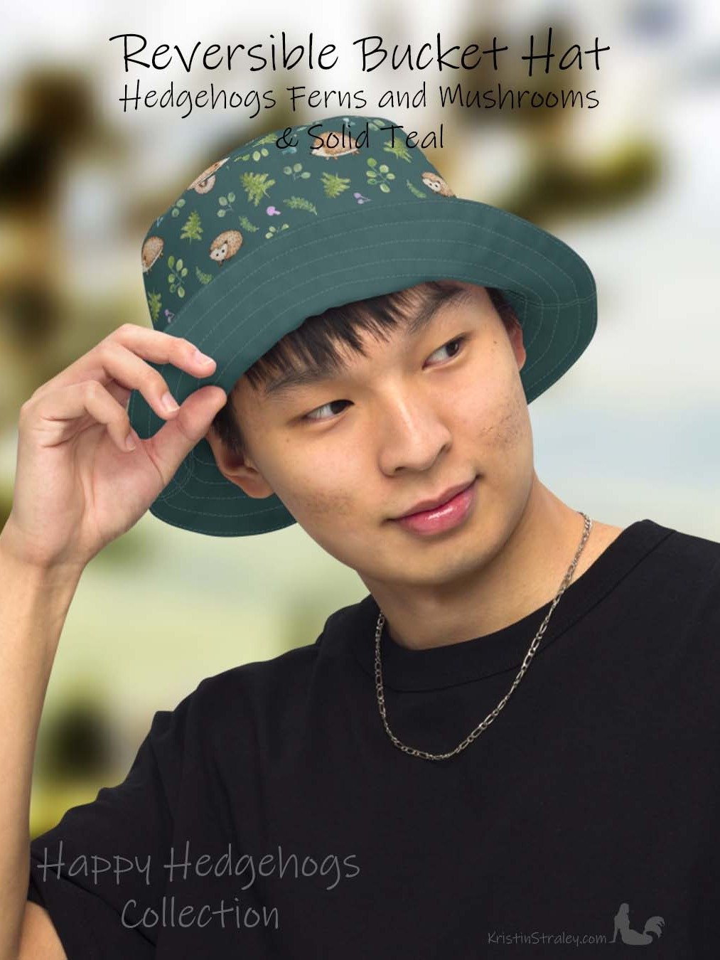 Hedgehogs Reversible Bucket Hat in Hedgehogs on Teal and Solid Teal product image (1)