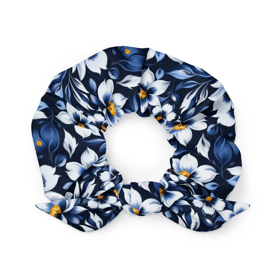 Hair Scrunchie - Floral Pattern in Blue and White on a Dark Blue Background product image (1)